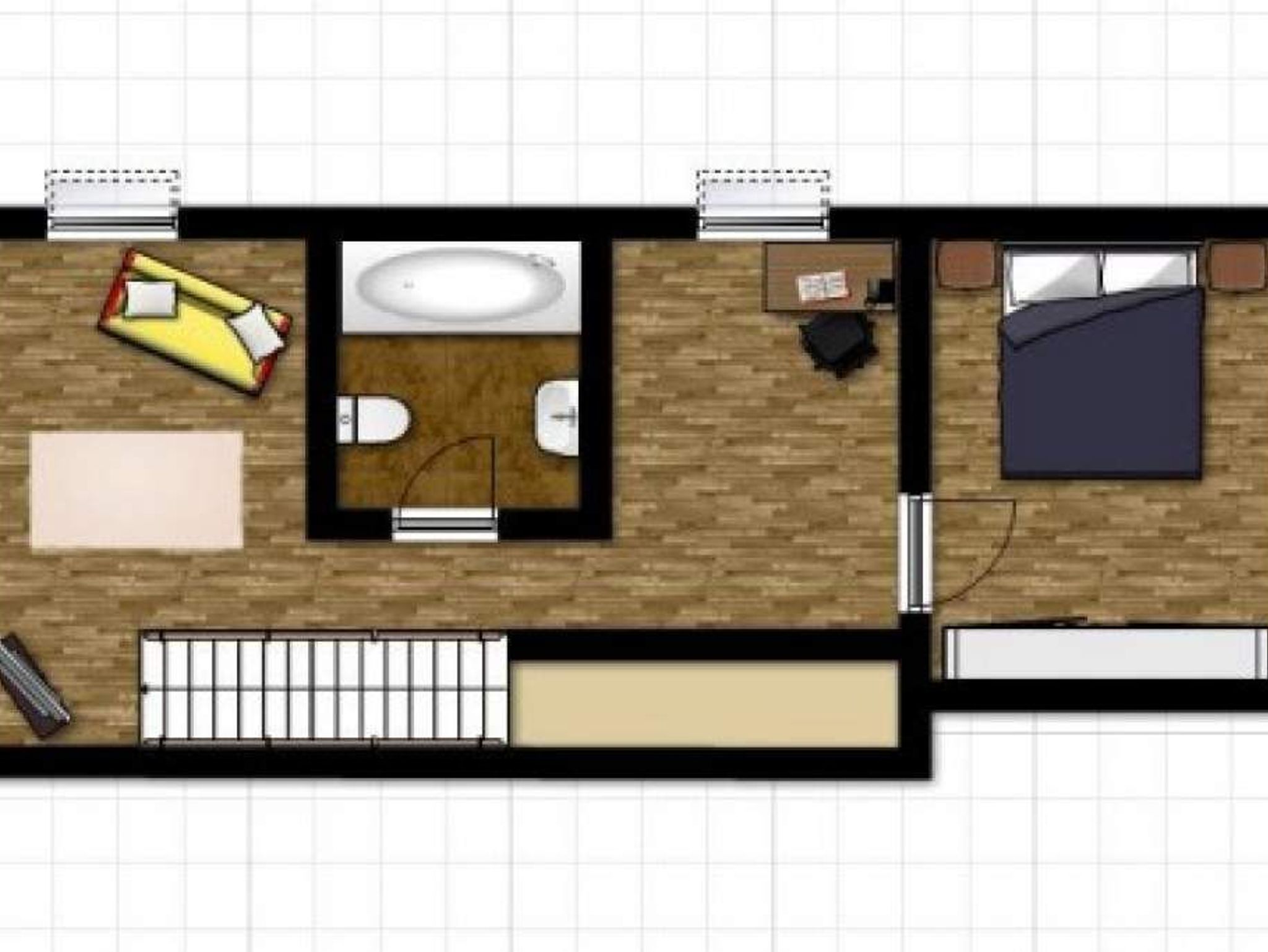 Das große Schlafzimmer im Obergeschoss mit Doppelbett (1,60 m x 2,00 m), Schrank, internetfähigem Fernseher und lauschigem Sitzplatz