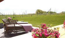 hochwertige Liegestühle auf der möblierten Terrasse mit Garten