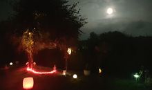Garten bei Nacht, illuminierter und sehr idyllischer Garten
