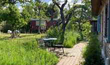 Historisches Reetdachhaus mit Bauwagen und großem Obstgarten